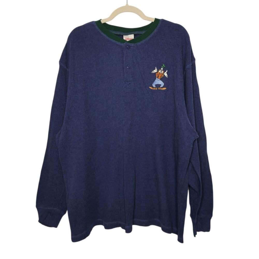 Vintage Disney Goofy Henley Waffle Knit Thermal Oversized XL 90s Blue Green